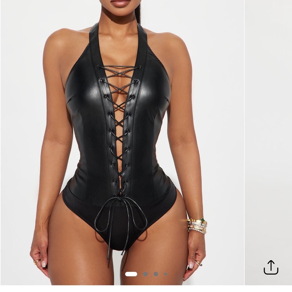 Fashion Nova Black Faux Leather Bodysuit